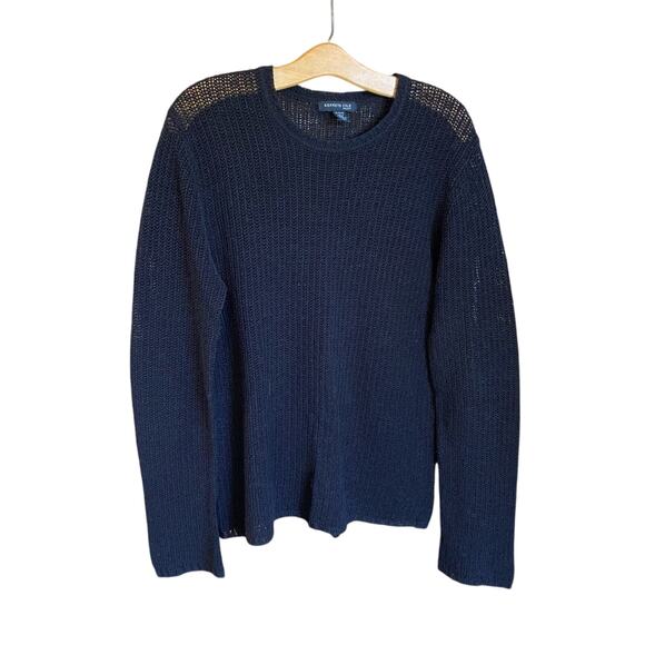 Kenneth Cole Black Crewneck oversized Sweater Linen blend knit open weave Medium - Picture 1 of 9